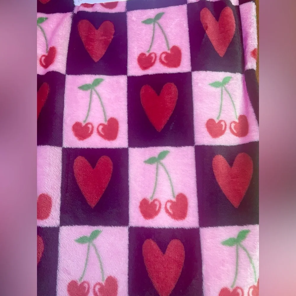 MADDEN GIRL Checkered Cherries Velvet Throw Pink Red Hearts Cherry 50x60 NEW NWT